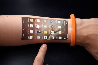 Cicret Bracelet wearable with a sleek design, featuring a touchscreen interface projected onto the skin for interactive use.