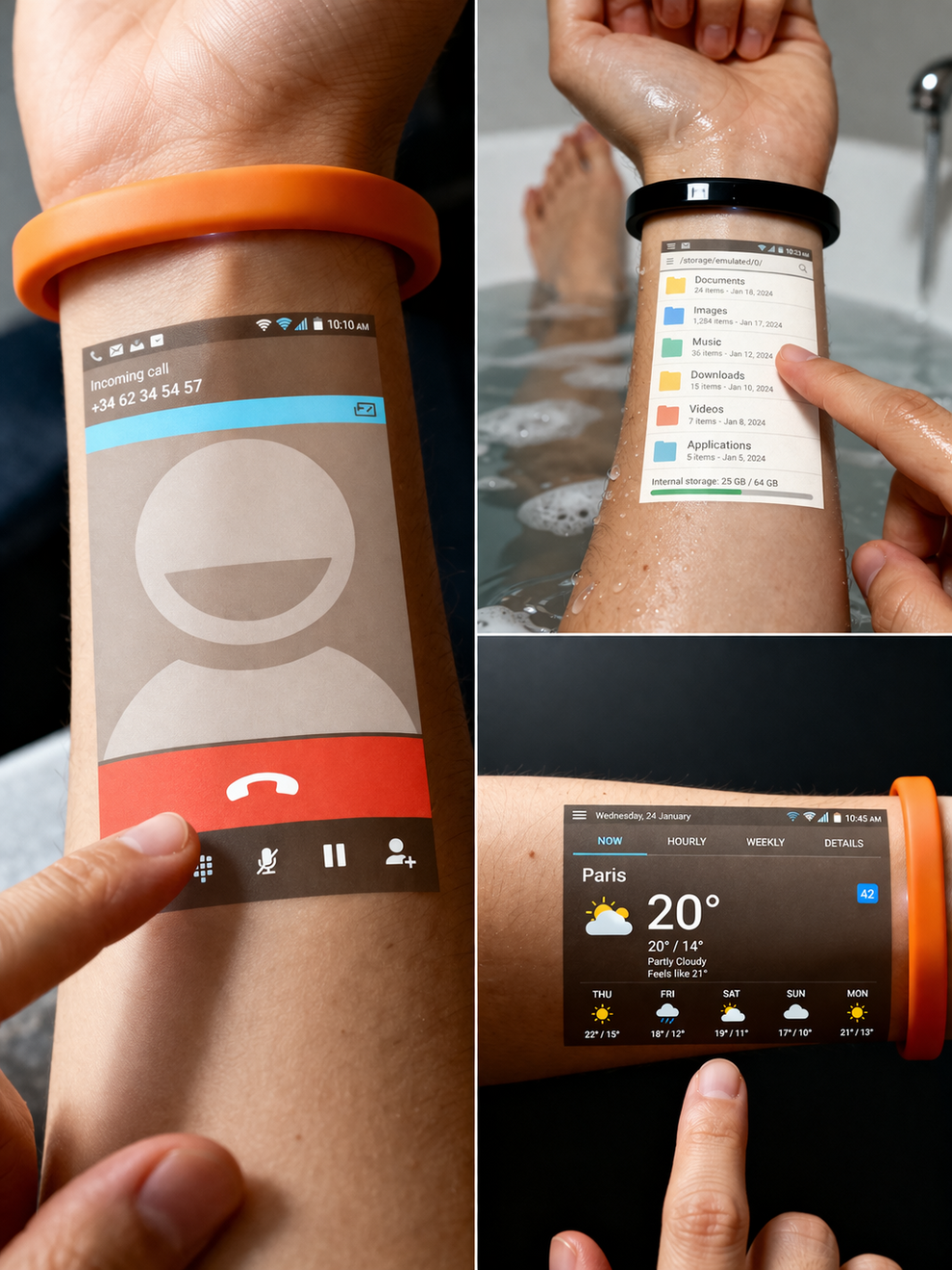 Cicret Bracelet wearable device with a sleek band that transforms skin into a touchscreen interface for notifications and controls.